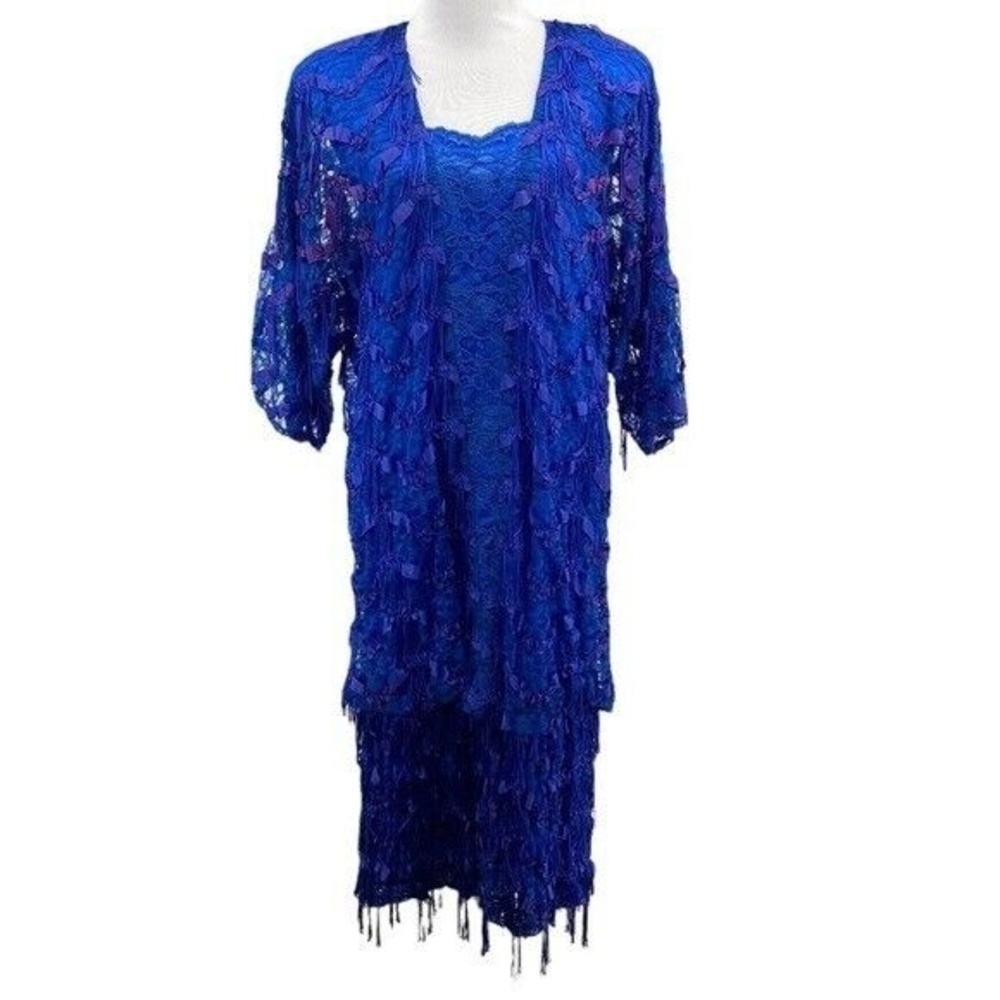 Vintage Damianou‎ Flapper Style Party Dress Women Size Small Blue Purple Fringe